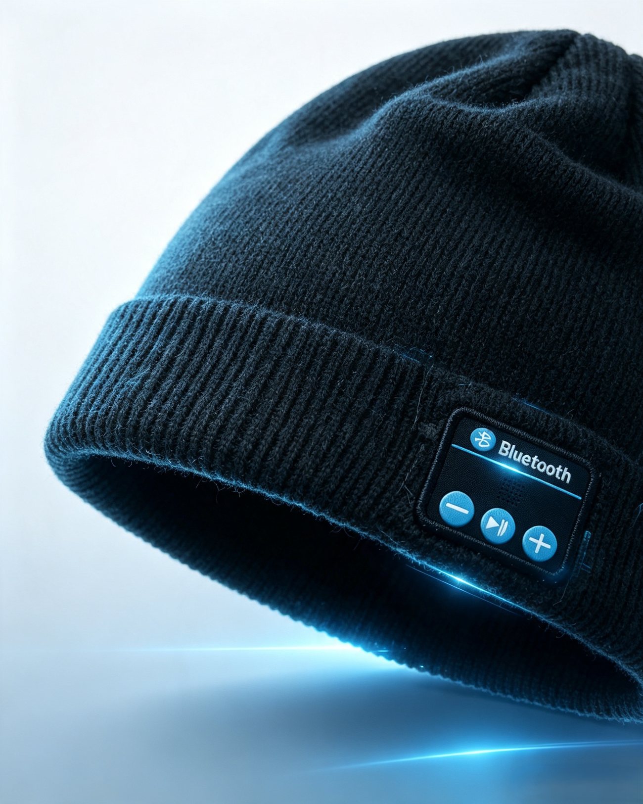 Close-up of warm knit construction and Bluetooth control module