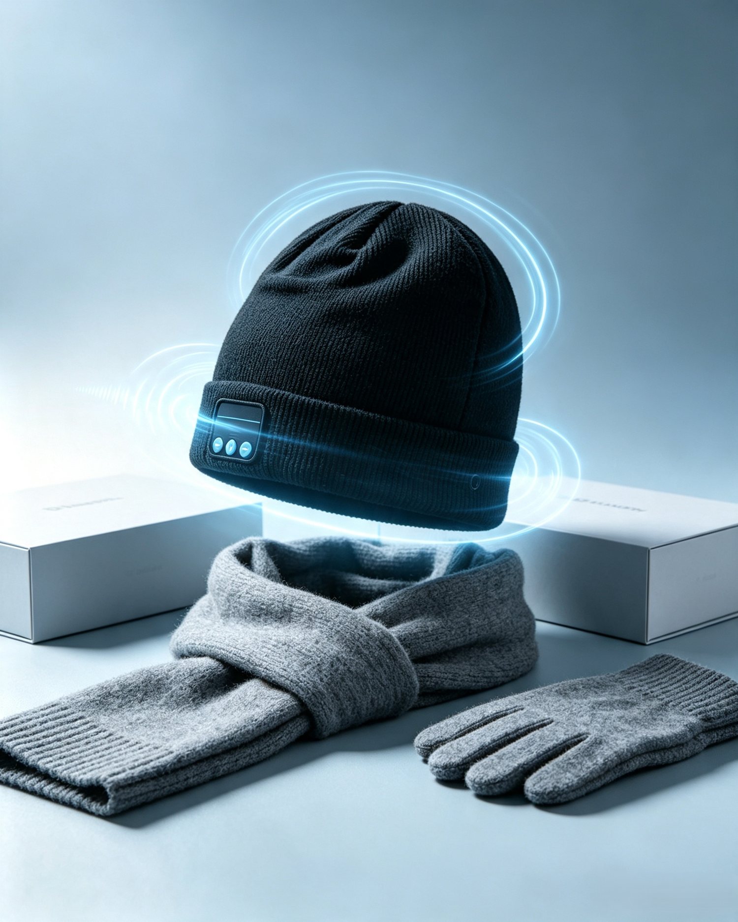 Premium Bluetooth knit hat and winter accessories set with glowing audio signal