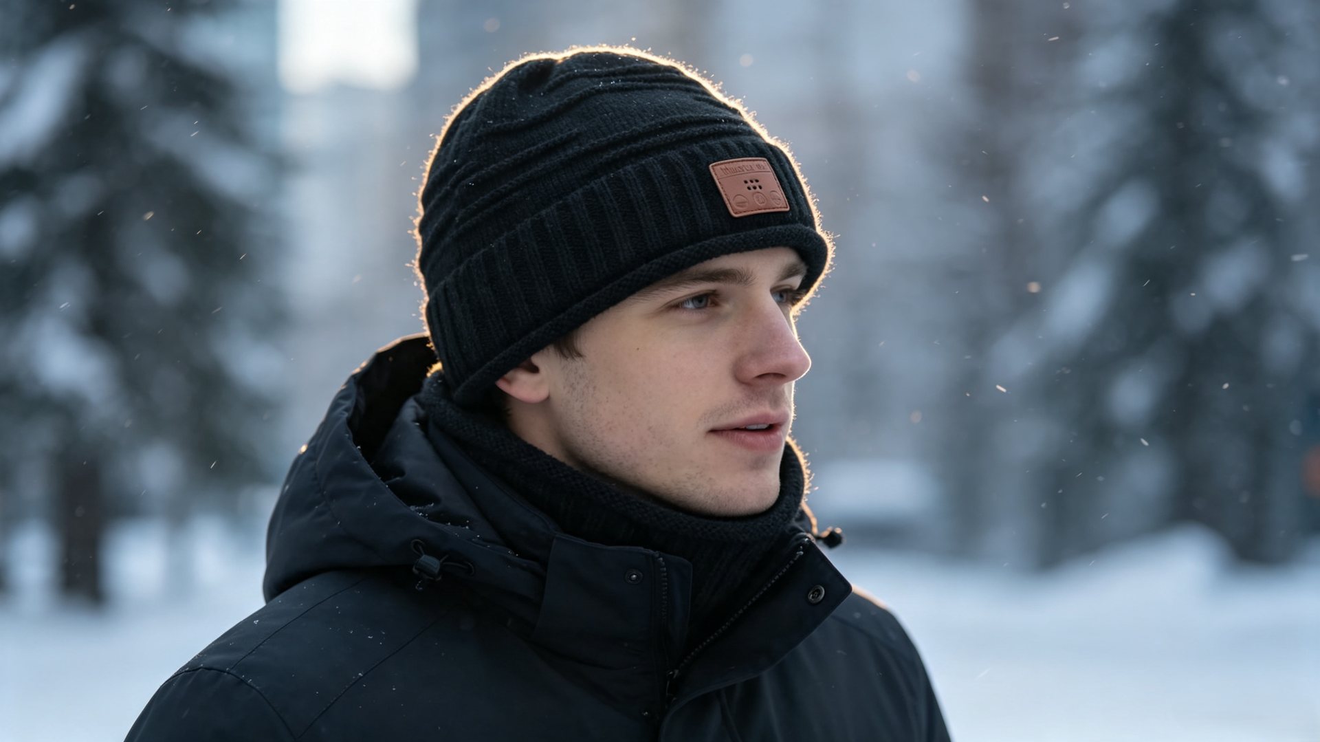 Model wearing Bluetooth knit hat in a winter outdoor scene